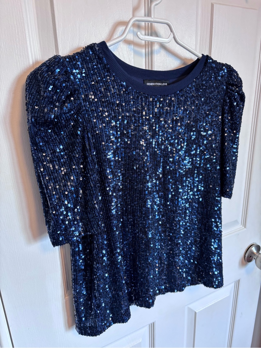 Generation Love Blue Sequin Puff Sleeve Top Small
